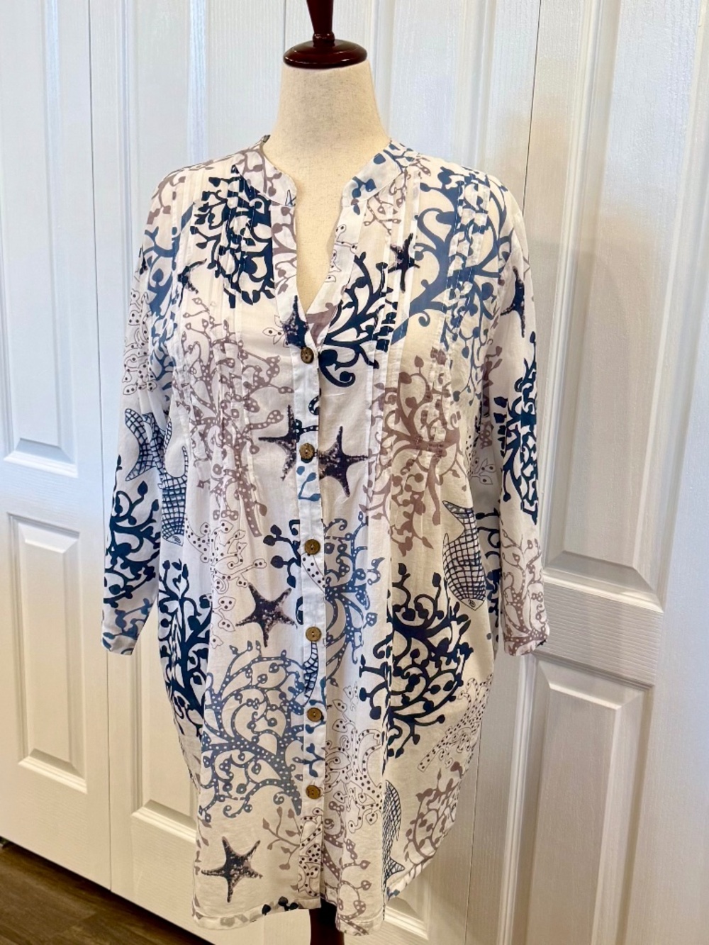 Woman's Size 1X 100% Cotton Tunic Tropical Batik Fish & Coral Reef, Roll Tab Slv
